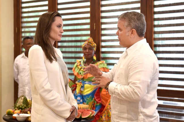 U.N. Refugee Agency’s special envoy Angelina Jolie speaks with Colombia's President Ivan Duque Marquez, in Cartagena